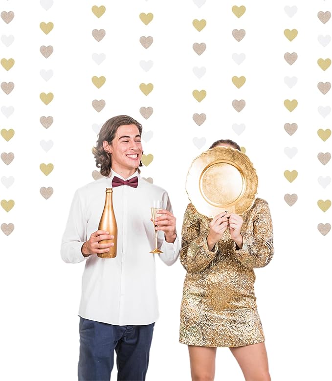 White-Gold Champagne Bachelorette Party Decorations - 52Ft Birthday Heart Hanging Paper Streamers-Garland Banner,Engagement Wedding Neutral Baby Bridal Shower Supplies Decor Ouruola