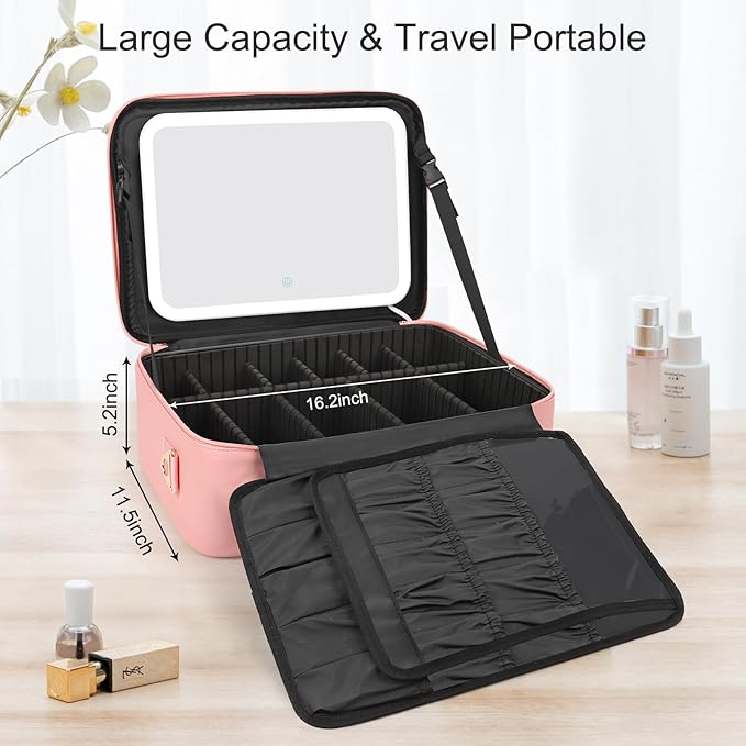 Relavel Makeup Bag with LED Mirror, 16.2 inches Large Makeup Case Travel Portable Cosmetic Organizer Vanity Case for Women, Rechargeable Lighted Mirror Professional Makeup Artists Storage Box (Pink)