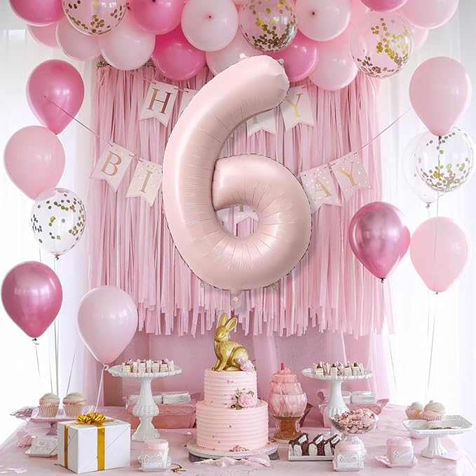 40 Inch 6 Balloon Number, Large Pastel Baby Pink Foil Number 6 Balloons Birthday Party Decor, Dusty Light Blush Matte Pink Mylar Self Inflating Balloon for Girls 6th Birthday Anniversary Decorations