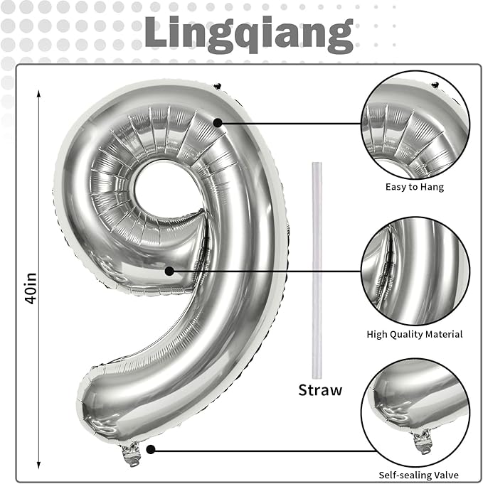 40'' Silver Number 9 Balloons for Women Men, Giant Self Inflating Foil Number Balloons Set 0-9, Large Digital 9 Helium Balloon for Boys Girls 9th Birthday Party Decorations Anniversary Supplies
