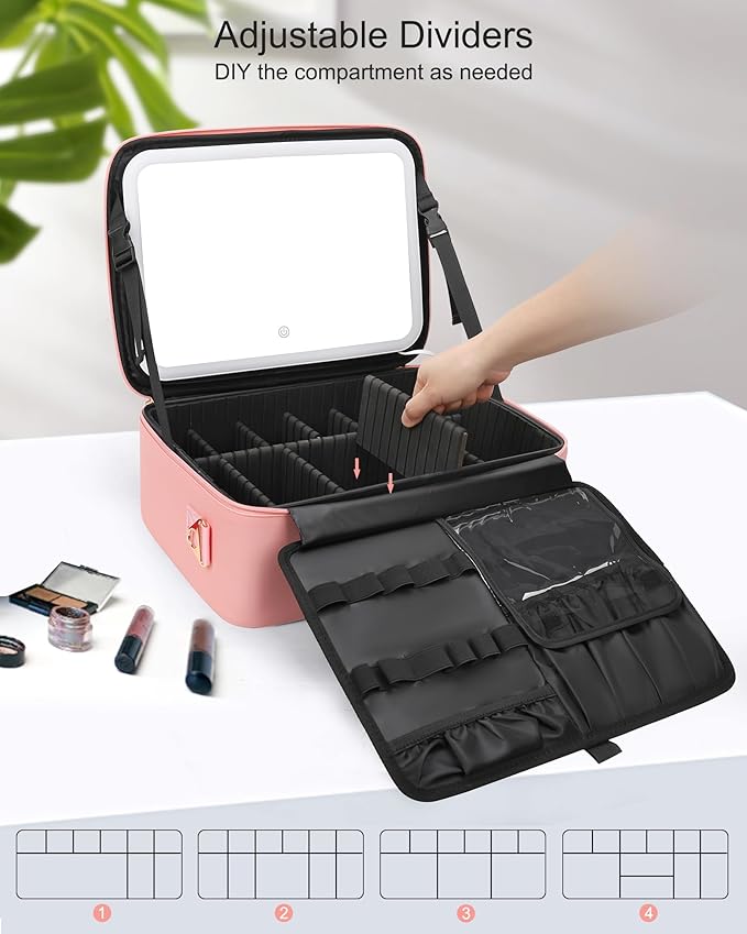 Relavel Makeup Bag with LED Mirror, 15 inches Large Makeup Case with Lighted Up Mirror Travel Cosmetic Train Case Organizer Vanity Case for Makeup Artists, 3 Color Lights & Adjustable Dividers (Pink)