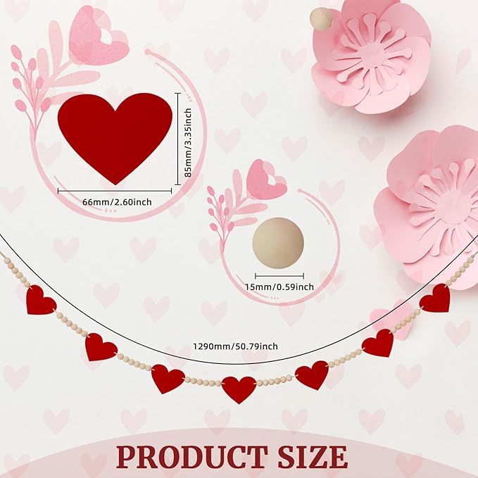 Valentine's Day Heart Decorations, Felt Hearts Wood Bead Garland Banner for Valentine's Day Decor