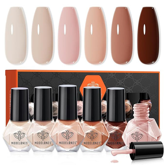 modelones Nail Polish Set, 6 Colors Nude Brown Pink Skin Tones Milky White Mini Nail Polish Fall Winter Neutral Brown Quick Dry Fingernail Polish Manicure DIY Salon Home Gifts for Women Girl