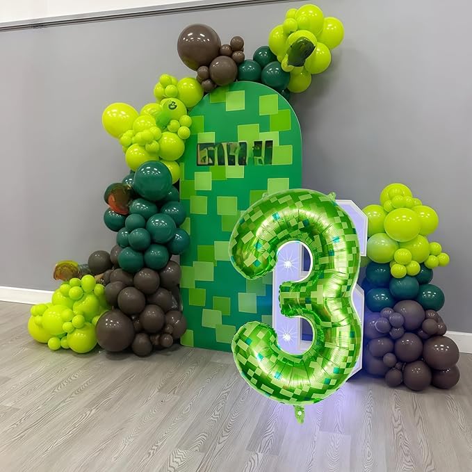 3rd Birthday Balloons for Boys, Large Lime Green Pixel Number 3 Balloon, 40'' Dark Kelly Green Foil 3 Balloon Number for Kids Three Year Old Birthday Video Game Forest Patrick's Day Party Decorations