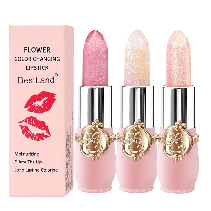 BestLand 3 Pcs/Set Flower Jelly Lipstick Set Temperature Change Moisturizer Long Lasting Nutritious Glossy Shine Lip Balm Magic Gold Crystal PH Color Change Lip Gloss for Women