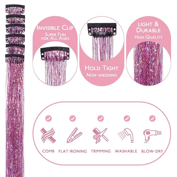 WENNALIFE Hair Tinsel Clip In Hair Tinsel for Girls Pink, 6pcs 24 inch Clips Tinsel Hair Extensions Clip in Colorful Glitter Clips Sparkle Fairy Hair Accessories for Kids