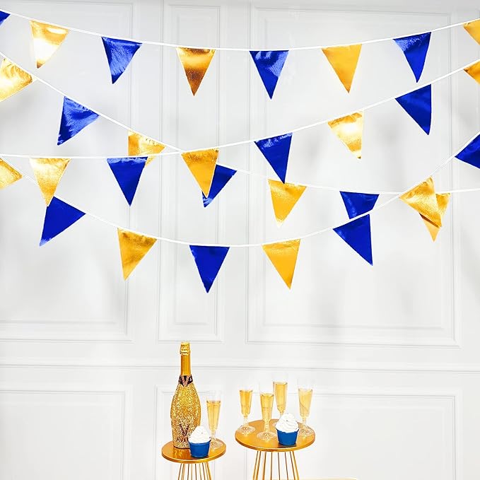 Royal Blue Gold Party Decoration Navy Blue Gold Triangle Pennant Banner Flag Metallic Fabric Bunting Garland for Graduation Birthday Wedding Retirement Bridal Shower Nautical Ahoy Achor Party Supplies