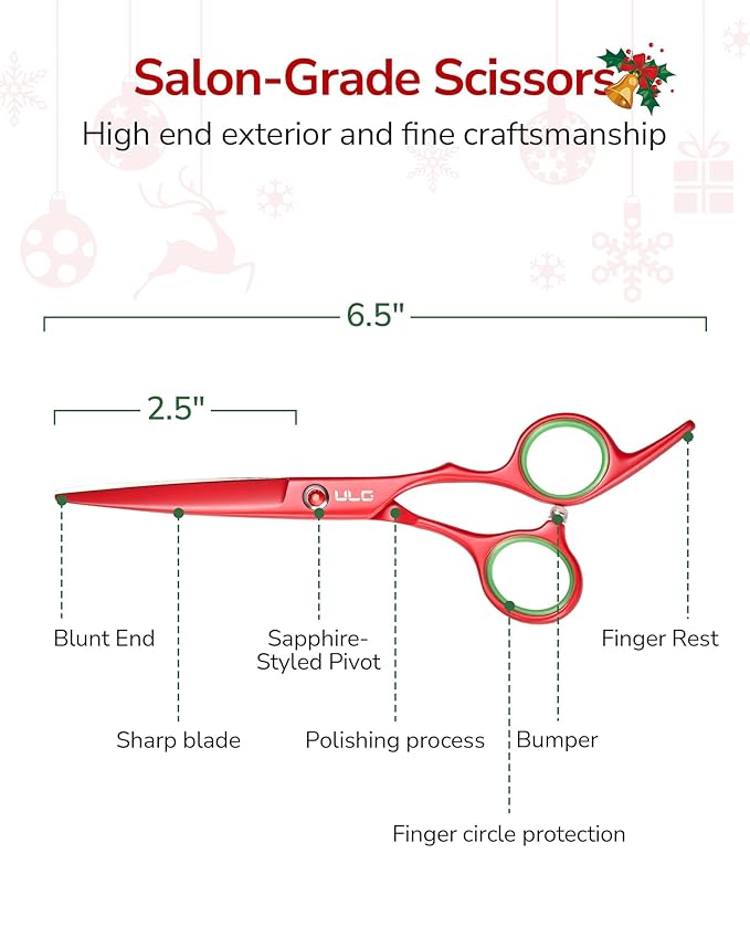 ULG 6.5” Hair Cutting Scissors, Professional Japanese Stainless Steel, Razor Sharp Barber Shears with Ergonomic Offset Handles, Lightweight and Durable for Stylist & Home Use, Christmas Red Edition