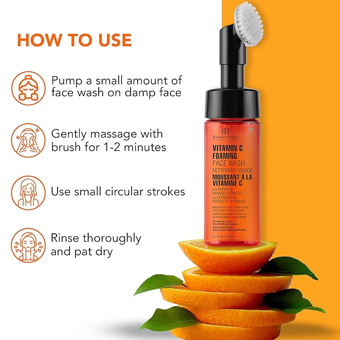 Botanic Hearth Vitamin C Foaming Face Wash With Papaya & Orange | Extracts Built|In Silicone Brush | For Cleansing & Glowing Skin | Paraben & Sulphate Free | Face Cleanser For Women & Men | 5.1 Fl Oz