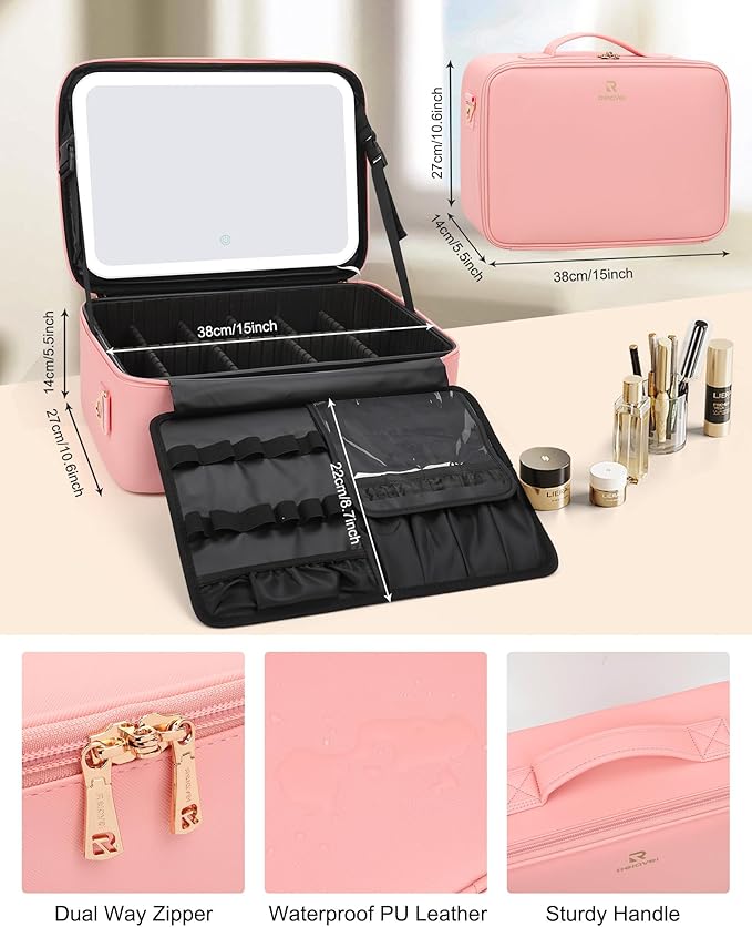Relavel Makeup Bag with LED Mirror, 15 inches Large Makeup Case with Lighted Up Mirror Travel Cosmetic Train Case Organizer Vanity Case for Makeup Artists, 3 Color Lights & Adjustable Dividers (Pink)