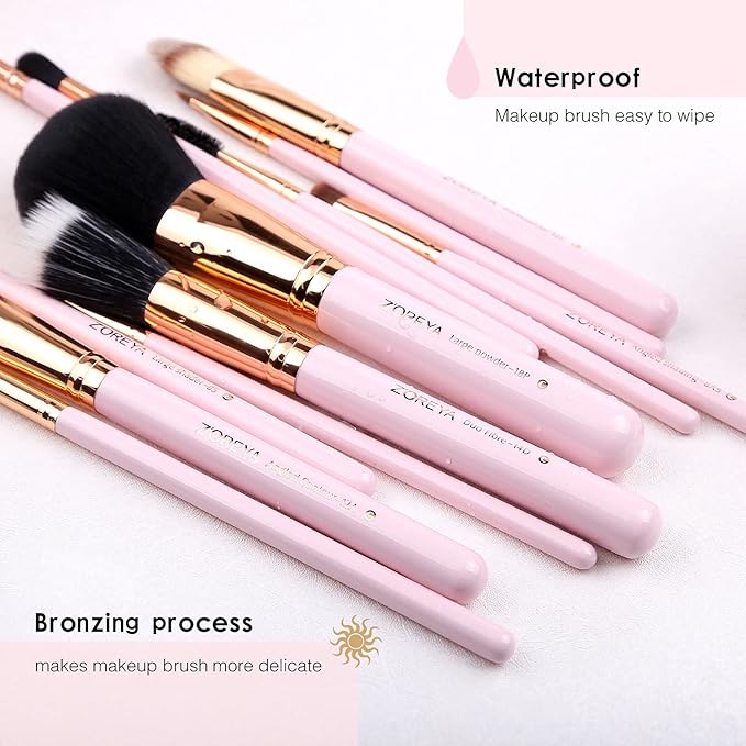 Z'OREYA Makeup Brush Set 12pcs Pink Synthetic Makeup Brushes Travel Set With Holder Makeup Brush Organizer Foundation Powder Contour Blush Eye Cosmetic Brush Sets in Case With Bonus Gift Makeup Sponge