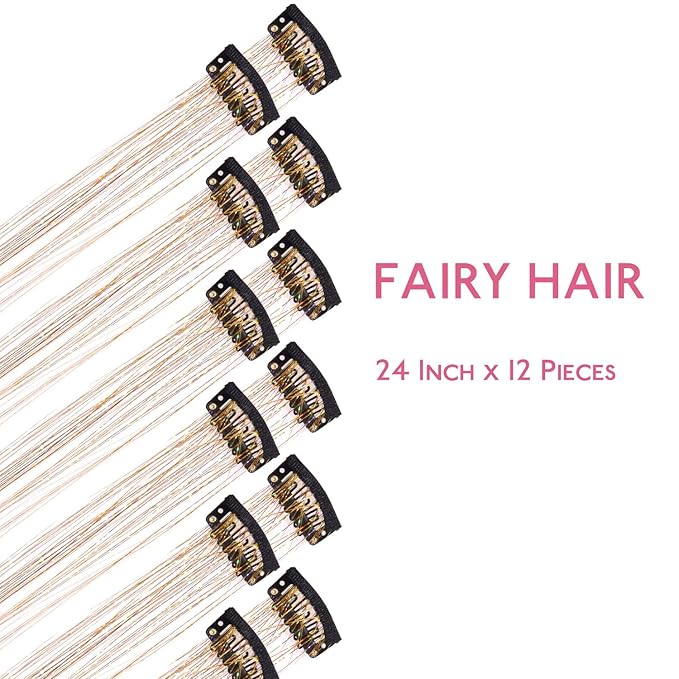 WENNALIFE Hair Tinsel kit for Girls, Clip in Hair Tinsel Champagne, 12PCS 24 Inch Hair Accessories for Women Clip in Colorful Glitter Fairy Girls for Kids
