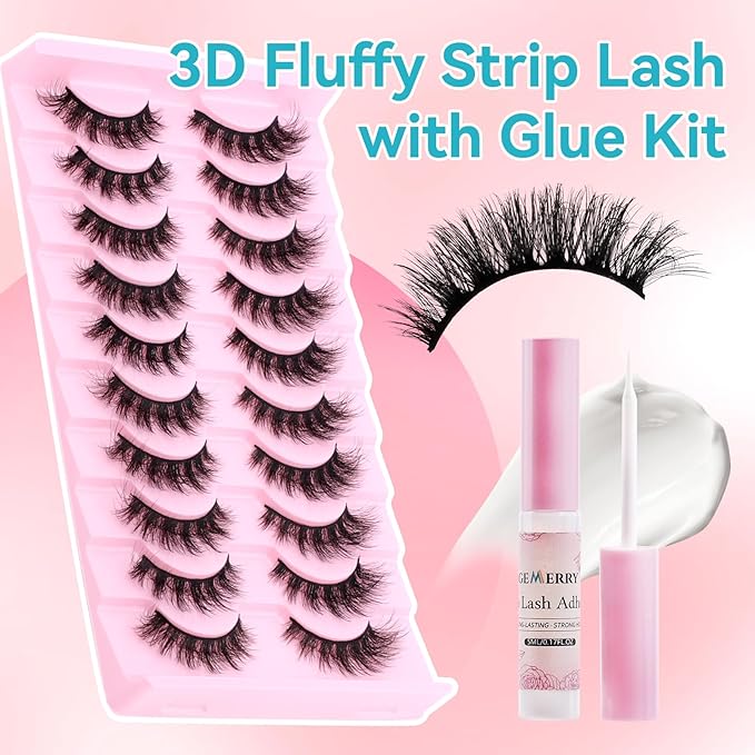 Strip Lashes Kit Fluffy False Eyelashes With Strip Lash Glue Mink 10 Pairs False Lashes Magnetic Lashes Kit by GEMERRY, A04