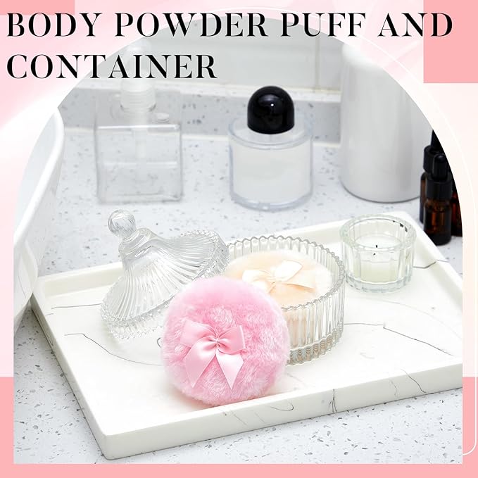 Tioncy 3 Pcs Large Body Powder Puff and Container Powder Container with Puff Crystal Case Soft Washable Reusable Velour Face Body Glitter Wet Dry Makeup(Simple,Clear)