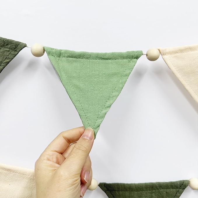2 Sets of Sage Green Wood Beads Pennant Banner 20Pcs Flags Nursery Garland Olive Green Fabric Linen Triangle Streamers for Baby Room Decor Kids Jungle Safari Birthday Baby Shower Party Decorations