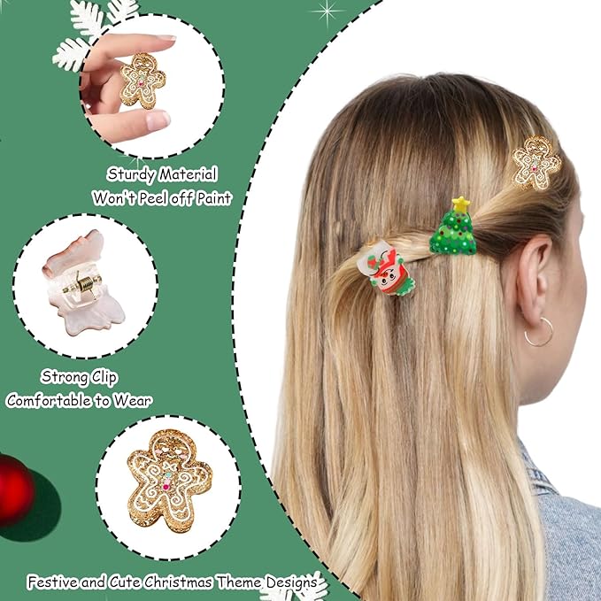 8 Pcs Christmas Hair Clips Snowman Gingerbread Man Snowflake Bell Christmas Tree Design Cute Mini Claw Clips Colorful Hair Clips for Women