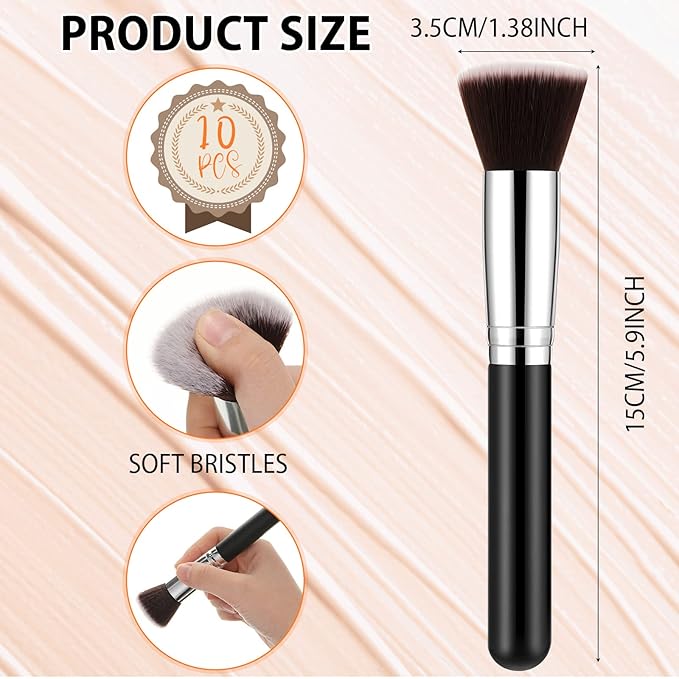 Tanlade 10 Pcs Makeup Brushes Bulk Flat Top Foundation Brush Liquid Cream Powder Foundation Contour Blush Concealer Eye Shadow Blending Liner Make up Kit for Wedding Artist(Black)