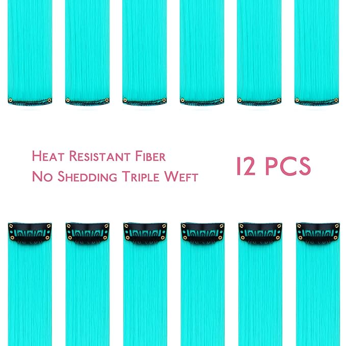 WENNALIFE 12 PCS Teal Hair Extensions Clip in, Colored Clip in Hair Extensions for Kids Highlights Rainbow Hair Clips for Girls Synthetic Straight Pop-up Style Colorful Festival Girls Hair Accessories