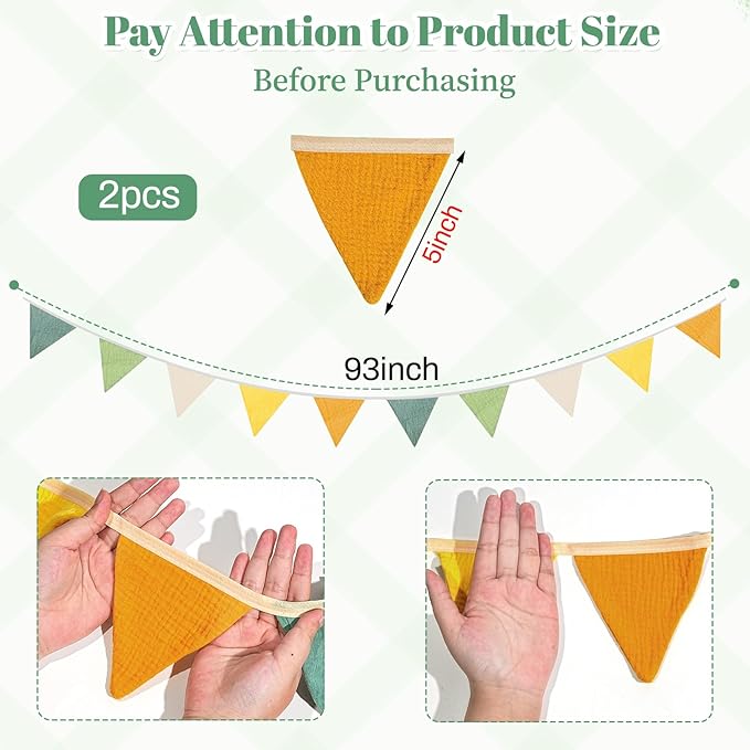 2PCS Pennant Banner Flags, Fabric Bunting Banner Nursery Garland Decor, Baby Shower Garland, Triangle Flags for Baby Boy Room, Playroom, Boho Birthday Party Decor, Each 7.75 ft (Green Yellow)