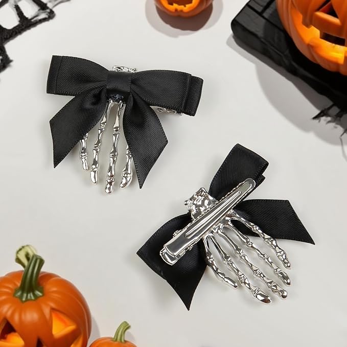 2 Pcs Halloween Skeleton Hand Hair Clips with Bowknot Cute Skull Hand Hair Clip for Women Party Cosplay Hair Accessories