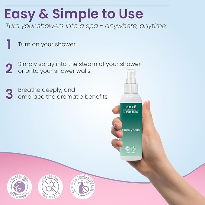 MOXE Aromatherapy Shower Mist Variety Pack, Eucalyptus, Lavender, Breathe and Dream, Spa Steam Spray, Natural 100% Essential Oils, Made in USA, Aromatherapy, Sinus Congestion Relief, 4 Pack (8oz)