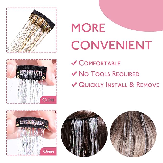 WENNALIFE Hair Tinsel Clip In for Girls Gold, 6pcs 24 inch Clips Tinsel Hair Extensions Clip in Colorful Glitter Clips Sparkle Fairy for Kids