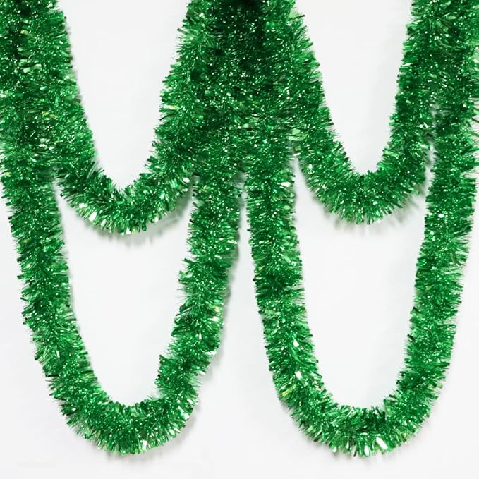 25 ft Long Roll Green Tinsel Twist Garland, Shiny Metallic Foil Decorations for Parade Floats, Halloween, Christmas Eve, New Year Parties (4" x 25' roll, Green)