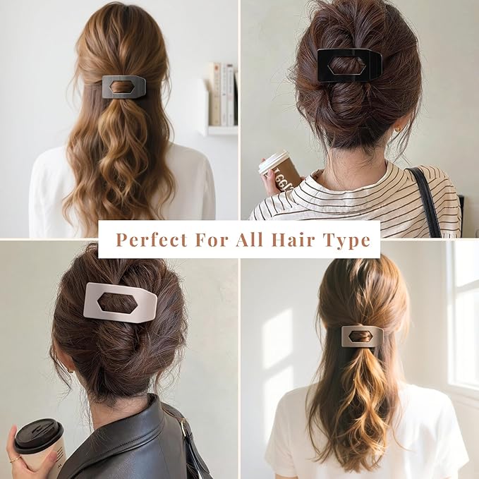 8 Pack Neutral Flat Hair Clips for Women – Large Glossy No-Slip Rectangle Claw Clips Thick & Thin Hair in Black, Blonde and Brown, Strong Hold Square Hair Accessories for Work or Daily Wear