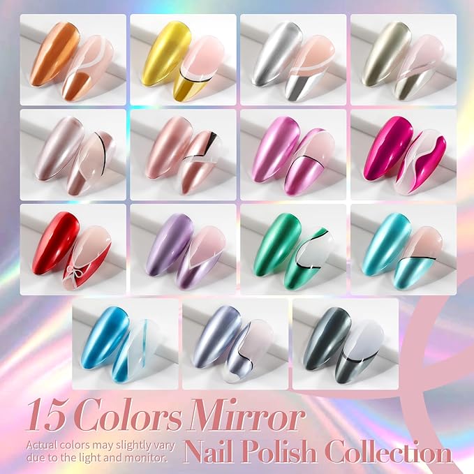 Born Pretty Metallic Nail Polish Set, 15 Colors Metallic Mirror Quick Dry Nail Polish Red Pink Gold Silver Purple Chrome Holographic Regular Nail Polish Nail Lacquer Fingernail Glossy Nail Polish Set