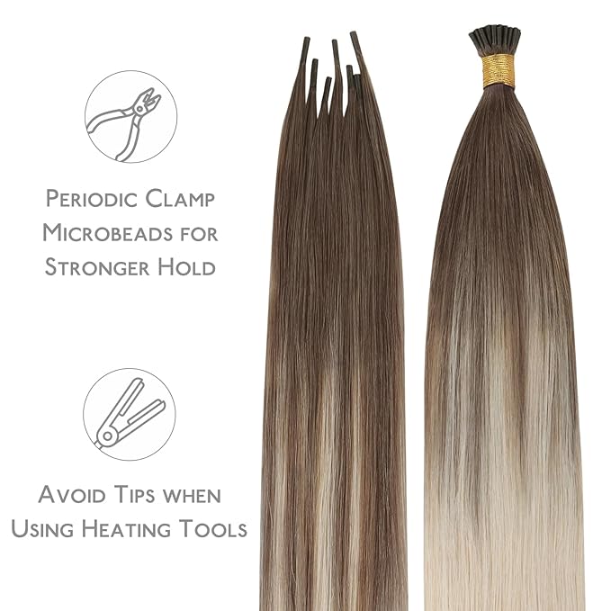 WENNALIFE I Tip Hair Extensions Human Hair, 50g 50s 20 Inch Ombre Sandy Brown to Platinum Blonde Remy Itip Human Hair Extensions Invisible Itips Straight I Tips Fusion Extensions Real Human Hair