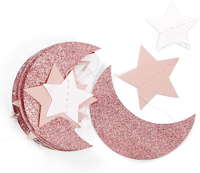 Pink Rose-Gold Moon-Star Party-Decorations Garland - 52Ft Twinkle Little Star Hanging Decoration Streamers Banner, Eid Ramadan Mubarak Decoration Birthday Wedding Baby Shower Party Decor Panduola