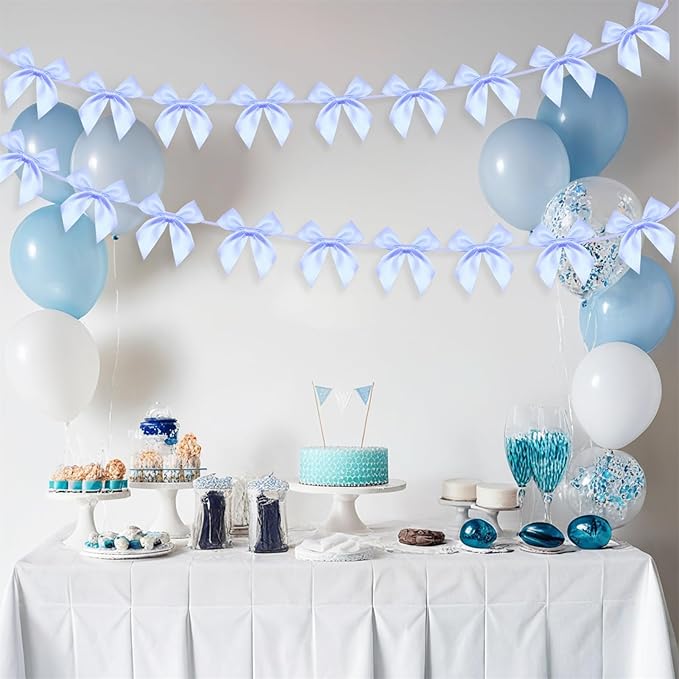 2pcs Bow Garland Banner, Ribbon Bow Party Decorations for Baby Shower Girls Bow Coquette Birthday Party Decor (Blue)