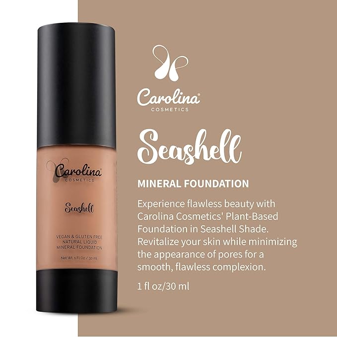 Carolina Cosmetics - Plant-Based Foundation in Seashell Shade - Hydrating, Pore-Minimizing & Buildable Coverage - Vegan, Non-GMO, Gluten-Free, Paraben-Free- Sun Protection - 1Fl Oz