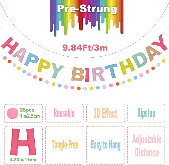 2 PCS Pre-Strung 3D Felt Happy Birthday Banner - Reusable Rainbow Happy Birthday Decorations Sign, Felt Ball Garland, Pom Pom Garland, Party Decor, Photo Prop (MACARON)