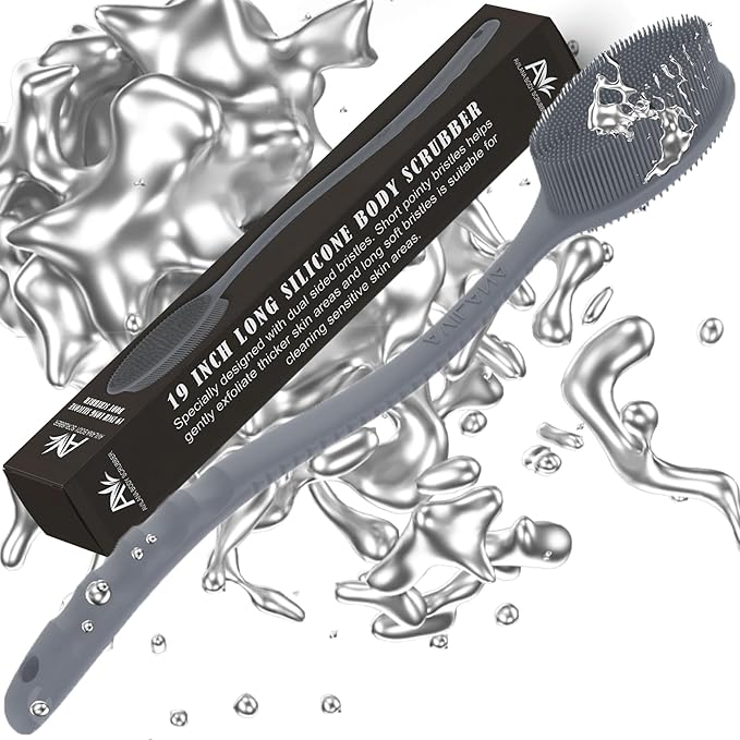 Avilana Silicone Body Scrubber - Food Grade & Lab Tested, Gentle Exfoliating Shower Brush for All Skin Types, Hygienic Quick-Dry Loofah Alternative (Dark Gray, Long Handle-Silver)