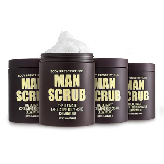 Body Prescriptions Men’s Exfoliating Body Scrub – Ultimate Skin Cleansing Wash in Jar with Twist-Top Lid, For All Skin Types, 21 Ounce (Pack of 4), Cedarwood