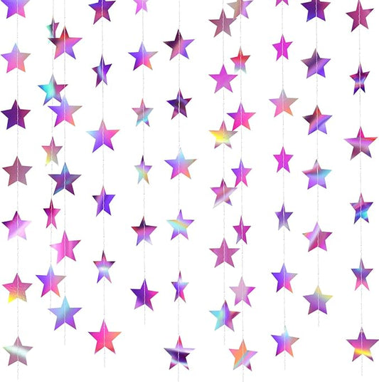 Patelai Glitter Star Garland Banner New Years Decor 130 Feet Star Hanging Banner Twinkle Backdrop for Birthday Classroom Wedding Halloween Christmas Party Supplies(Iridescent Purple)