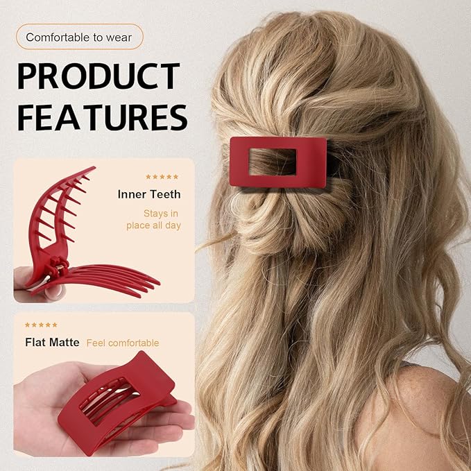 8 Pack French Flat Hair Clips for Women – Large Matte No-Slip Claw Barrettes for Thick & Thin Hair, Strong Hold Styling Accessories (Red and Pink)