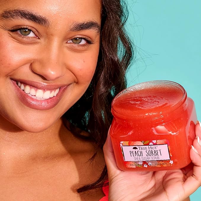 Tree Hut Peach Sorbet Shea Sugar Scrub, Exfoliating, Hydrating & Moisturizing Body Scrub with Shea Butter & Nourishing Essential Oils, Smooth & Soften Skin, 18 oz