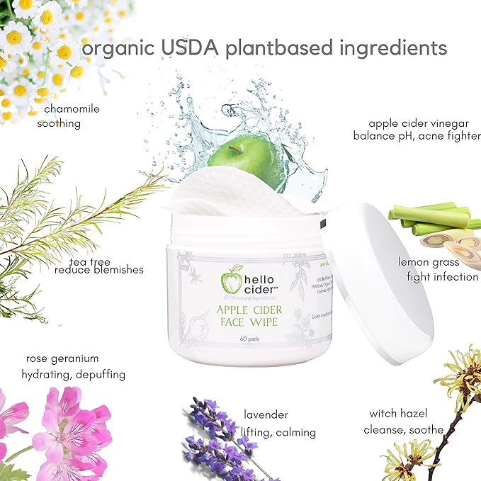 Apple Cider Vinegar Acne Face Toner Pads - Organic Tea Tree, Witch Hazel, Rose, Lavender. Cleanse, Tone, Hydrate, Calm & Sooth. 60 pads. USA by Hello Cider