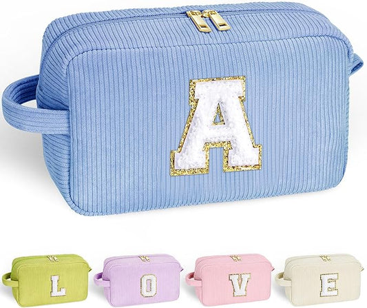YOOLIFE Travel Makeup Bag Cosmetic Bag - Birthday Gifts for Girls Women Make Up Bag Monogram Cute Makeup Bag Personalized Teen Girl Gift Daughter Friend Birthday Gifts for Women Her Girl Blue Letter A