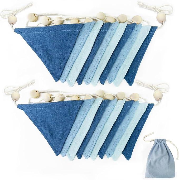 2 Sets of Blue Pennant Wooden Bead Banner Nursery Garland 20pcs Royal Linen Fabric Flags Triangle Streamers for Baby Room Decor Kids Boys Nautical Birthday Baby Shower Boho Event Party Decorations