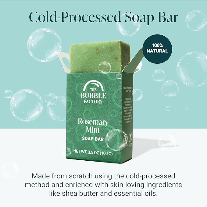 The Bubble Factory Handmade Soap, All Natural Soap for Women & Men, Hand, Bath & Body Natural Bar Soap, Vegan, Palm Oil Free, Made in USA with Shea Butter + Essential Oils, Rosemary Mint, Single