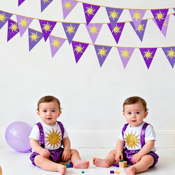 30Ft Purple Sun Party Decorations Purple Pennant Banner Flag Hanging Paper Triangle Bunting with Gold Sun for Birthday Baby Shower Bridal Shower Wedding Bachelorette Engagement Lavender Party Supplies
