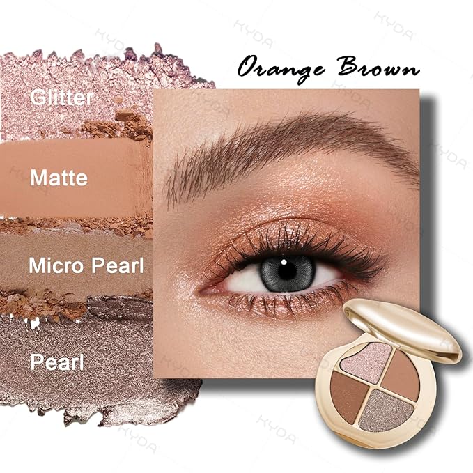 KYDA 4 Colors Eyeshadow Palette, Neutral Brown Matte Eyeshadow, Pearl Metallic Glitter Makeup Palette, High Pigment Pressed Powder Eyes Makeup for Old Women, Lasting Blendable, Orange Brown