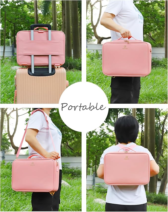 Relavel Makeup Bag with LED Mirror, 15 inches Large Makeup Case with Lighted Up Mirror Travel Cosmetic Train Case Organizer Vanity Case for Makeup Artists, 3 Color Lights & Adjustable Dividers (Pink)