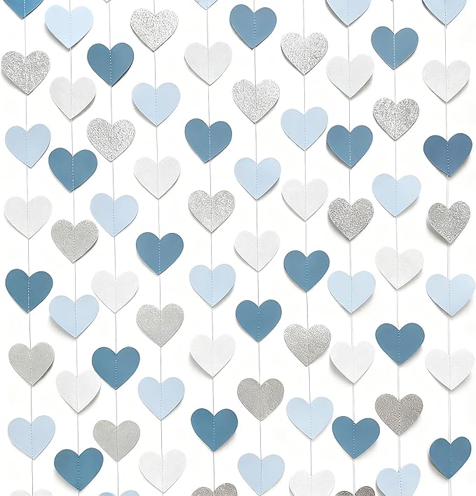 Silver Blue White Heart Party Decorations Dusty Blue Glitter Paper Silver White Love Heart Hanging Garland Streamer Banner for Birthday Baby Shower Valentines Day Anniversary Wedding Party Supplies