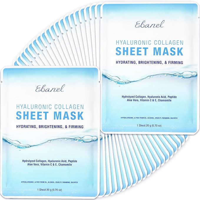 Ebanel 40 Pack Collagen Face Mask with Hyaluronic Acid, Vitamin C, Peptide, Aloe, Instant Brightening Hydrating Face Masks Skincare Korean Sheet Mask, Skin Firming, Lifting Anti Aging Facial Masks