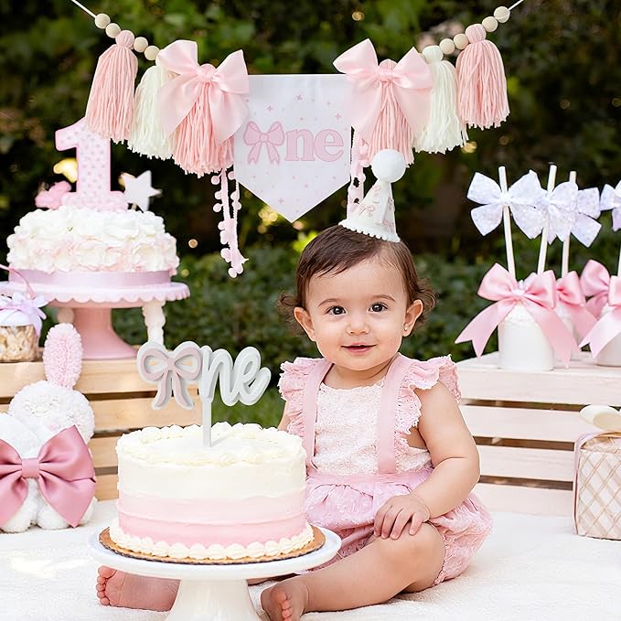 Pink Bow 1st Birthday Highchair Banner Decorations Wood Bead Tassel Garland Cone Hat Wooden Cake Topper For Baby Girls