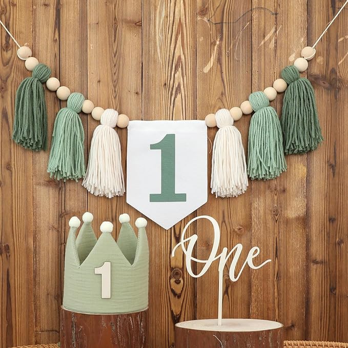 Wild One High Chair Banner For 1st Birthday Party Decorations With Green Wood Bead Tassel Garland Crown Hat Wooden Cake Topper